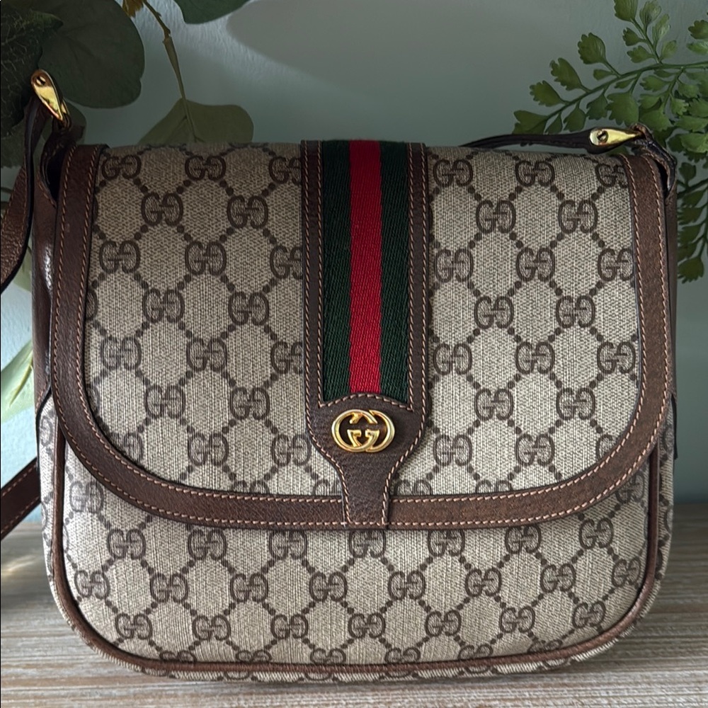 Gucci Brown and Green Crossbody Bag with Signature GG